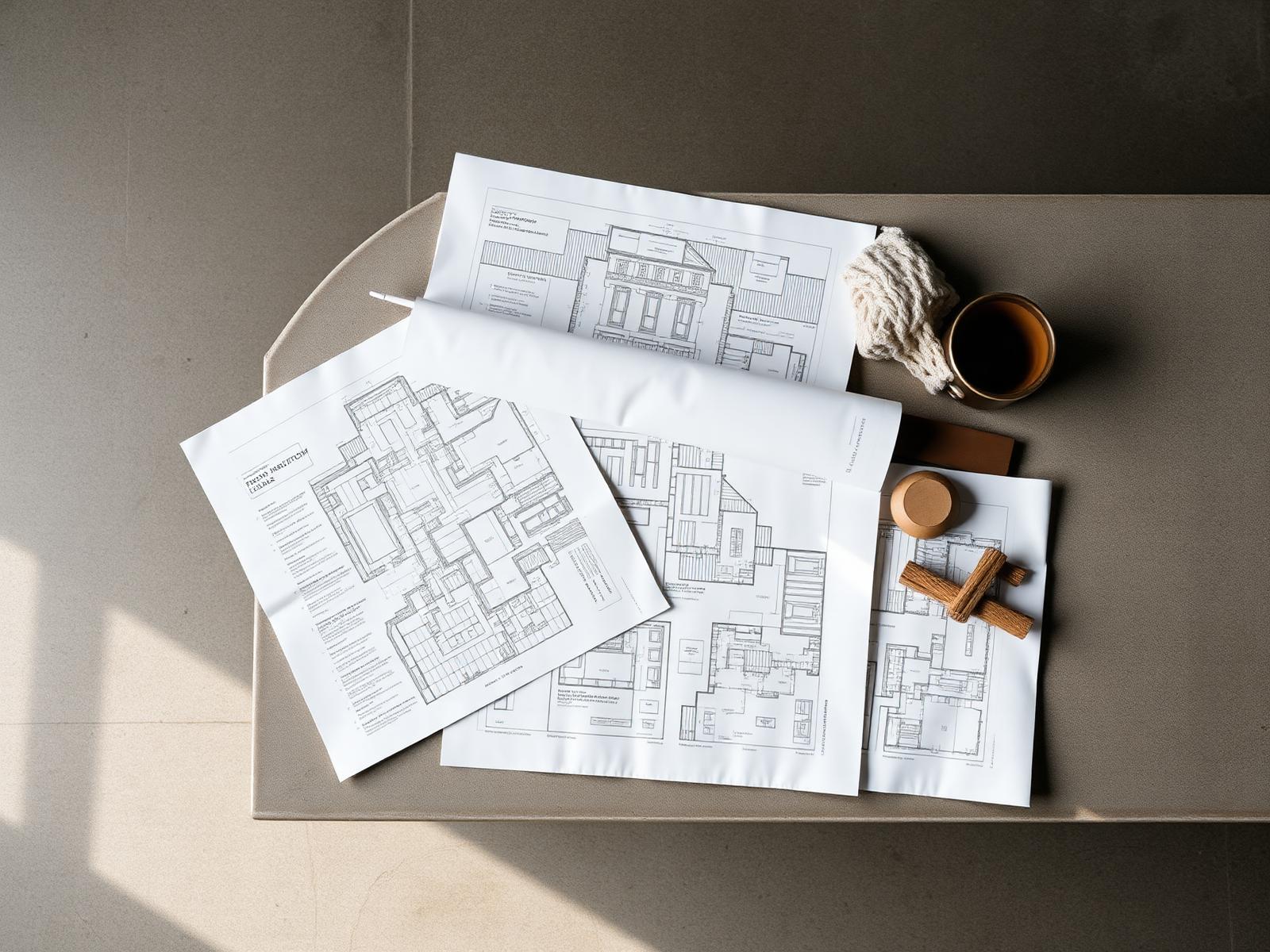Architectural drawings and material samples arranged on a concrete table